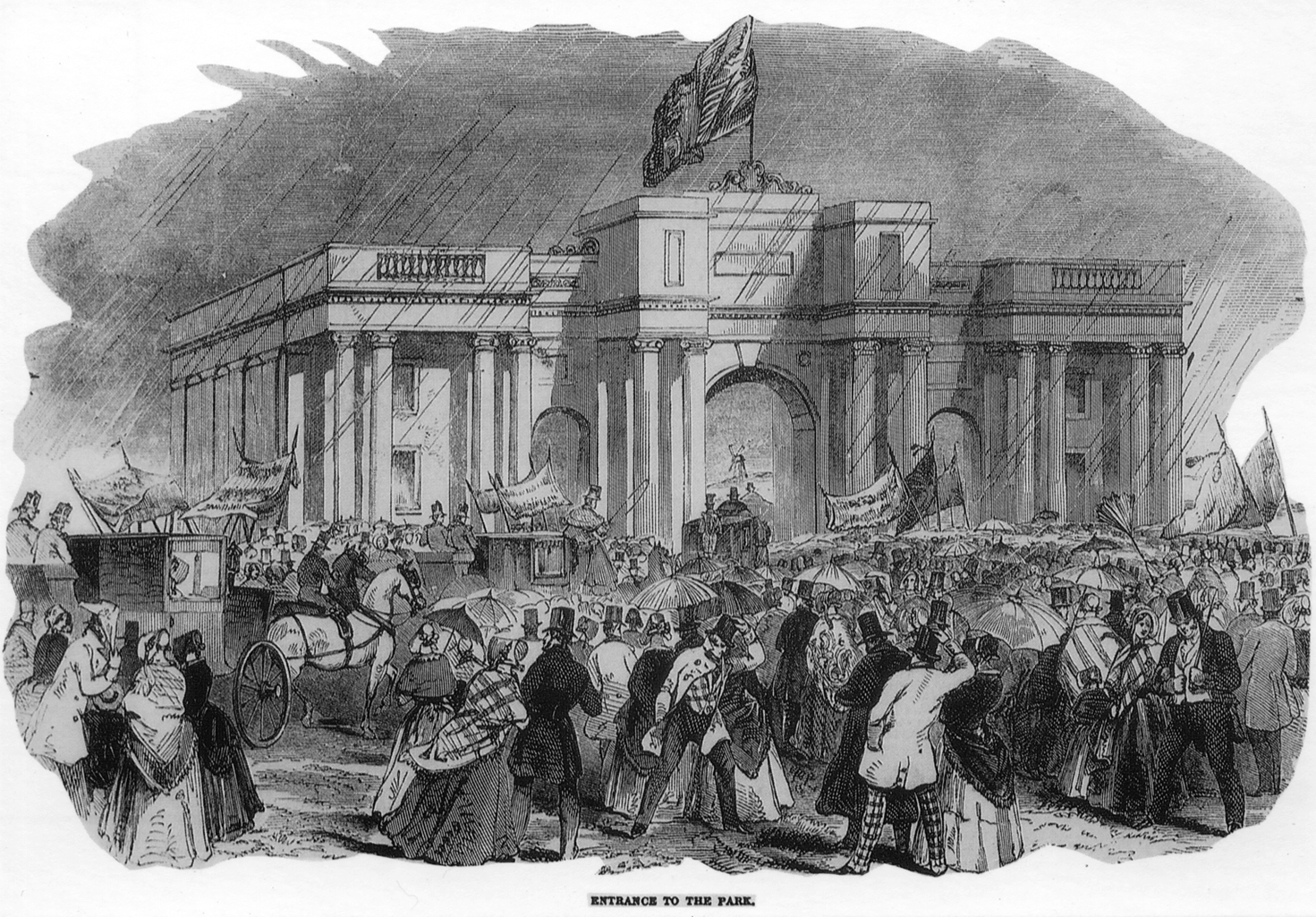 Print representing a crowd from the Victorian period in front of the Grand Entrance