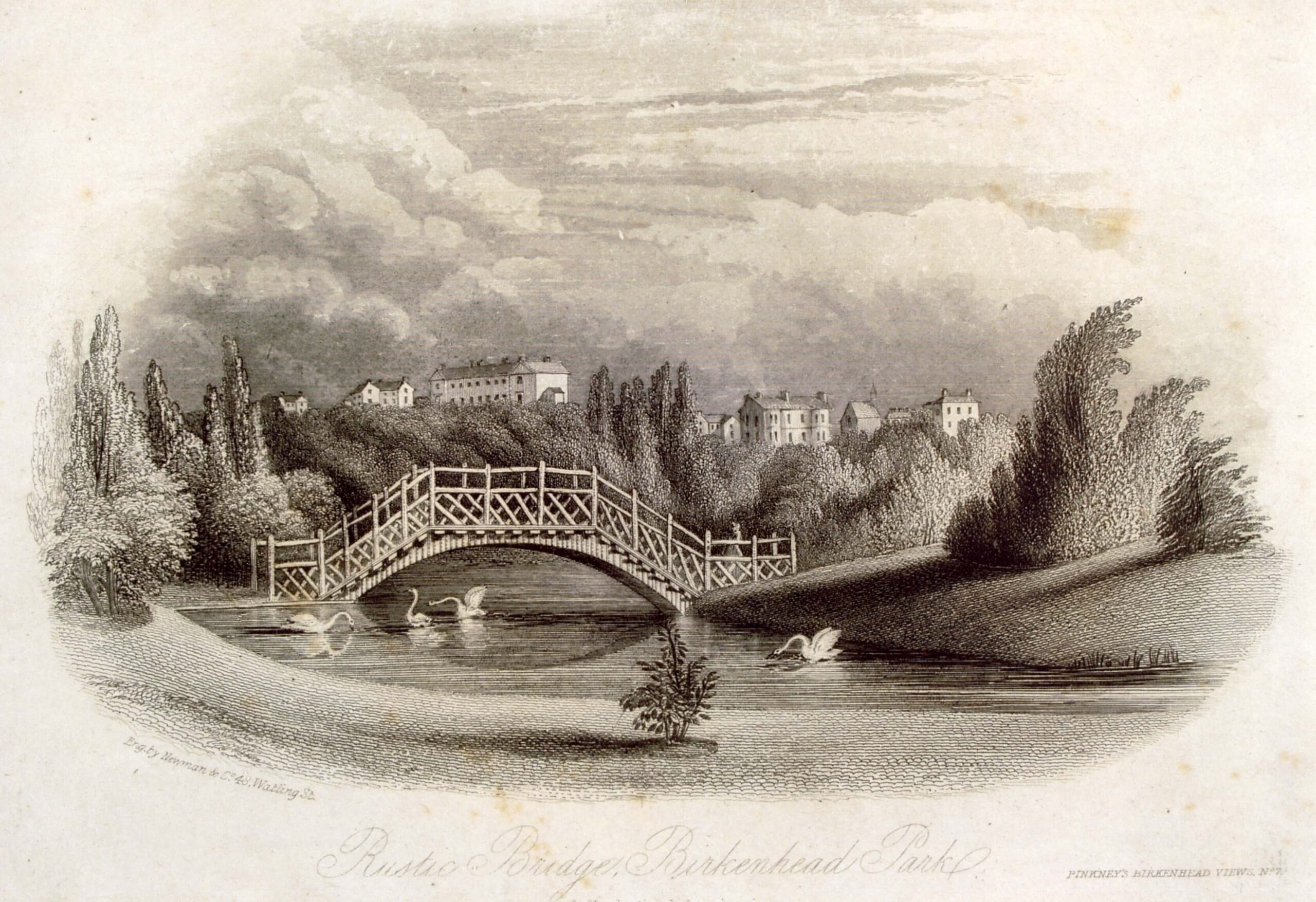 Print showing Birkenhead Park's wooden Rustic Bridge 1860