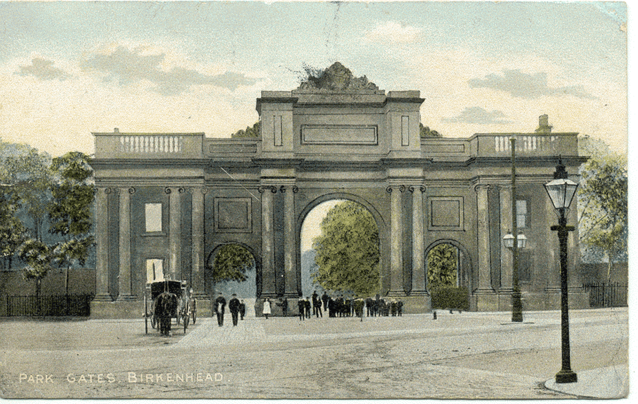 A postcard of a drawing of Birkenhead Park representing a group of people in front of the park’s main gates