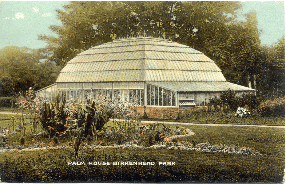 Postcard showing Birkenhead Park's palm house in 1921