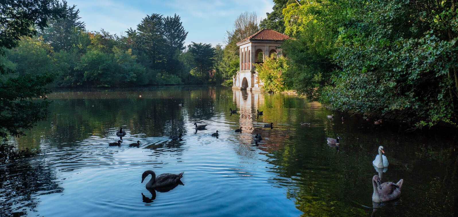 The Boat House with swans swimming in the lake in Birkenhead Park