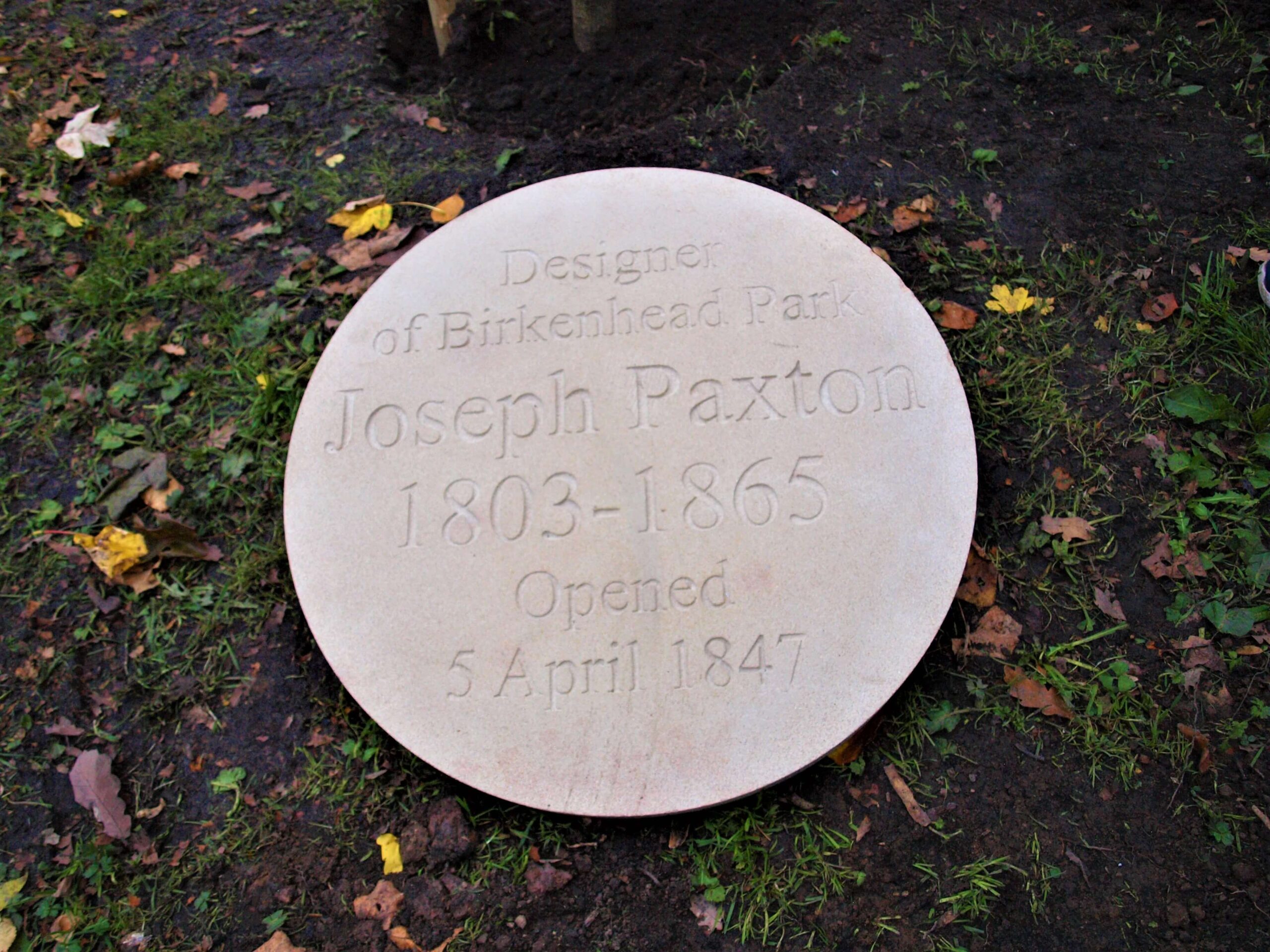 Joseph Paxton's stone plaque in Birkenhead Park