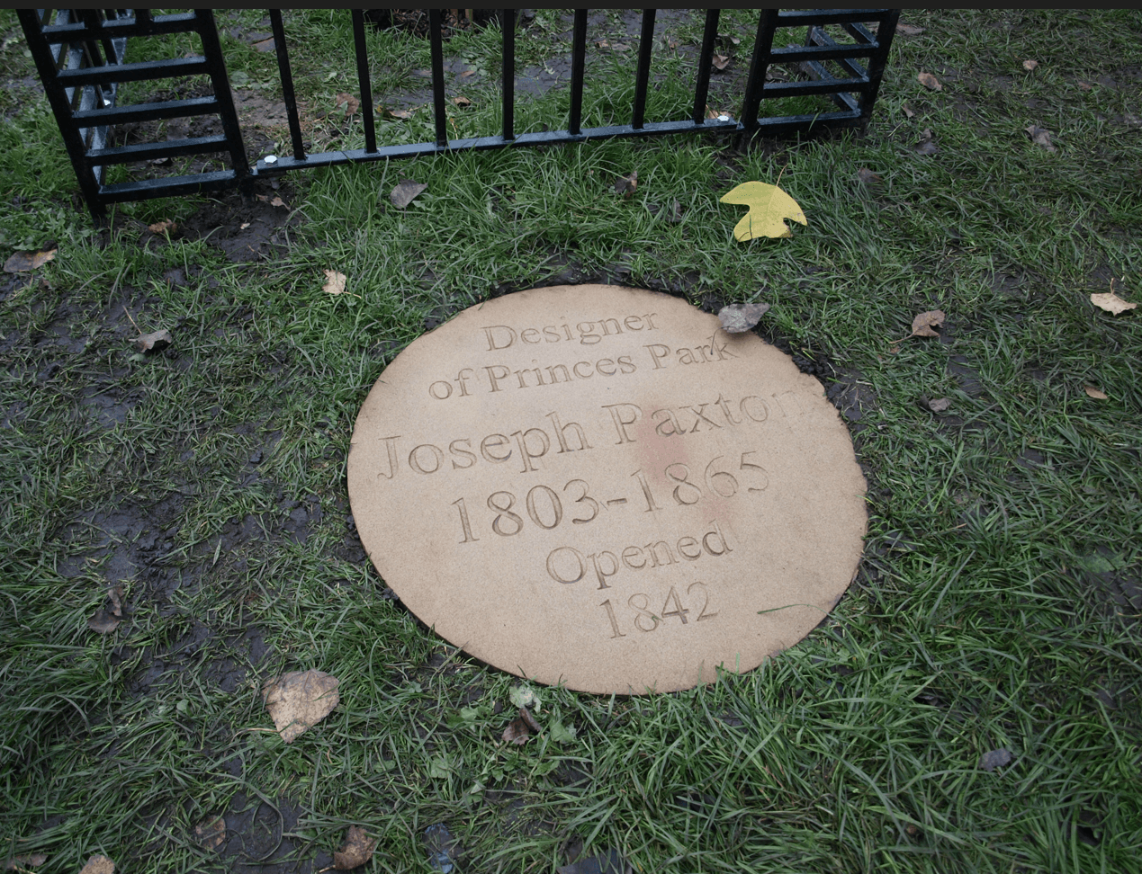 Joseph's Paxton stone plaque in Princes Park, Liverpool