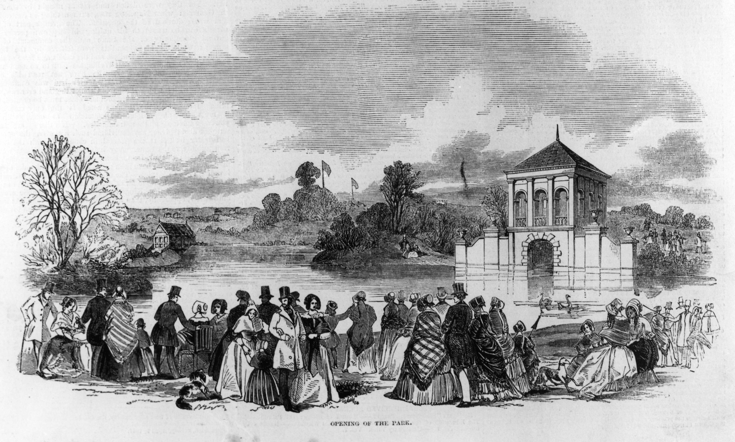 Old print representing a crowd of people in Victorian times, in front of the Boat House