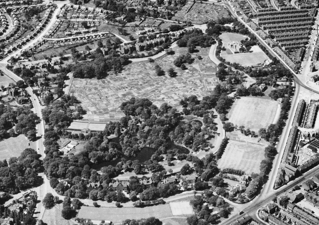 Aerial view of Birkenhead Park showing food allotment, 1946 